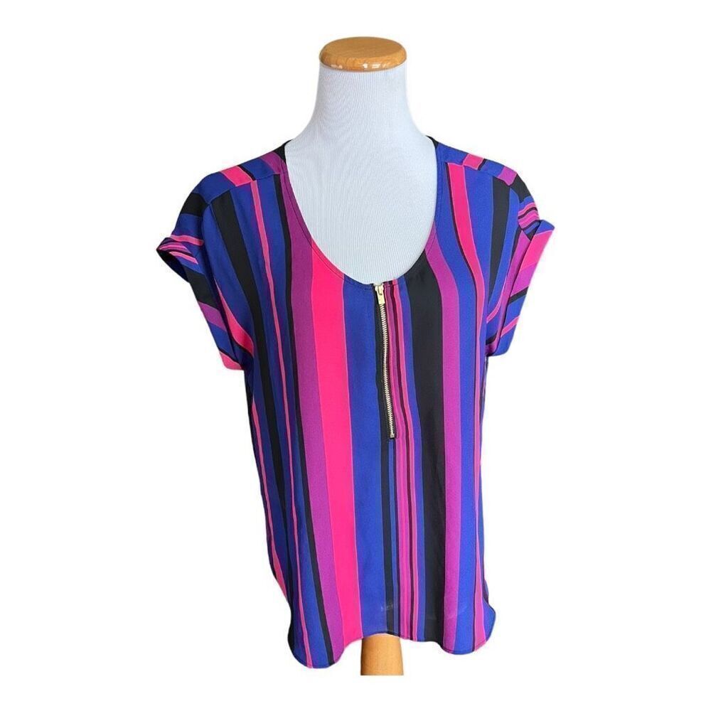 Womens Bold Elements Cut to Curve Striped Sleeveless Zipper Top - Sz M